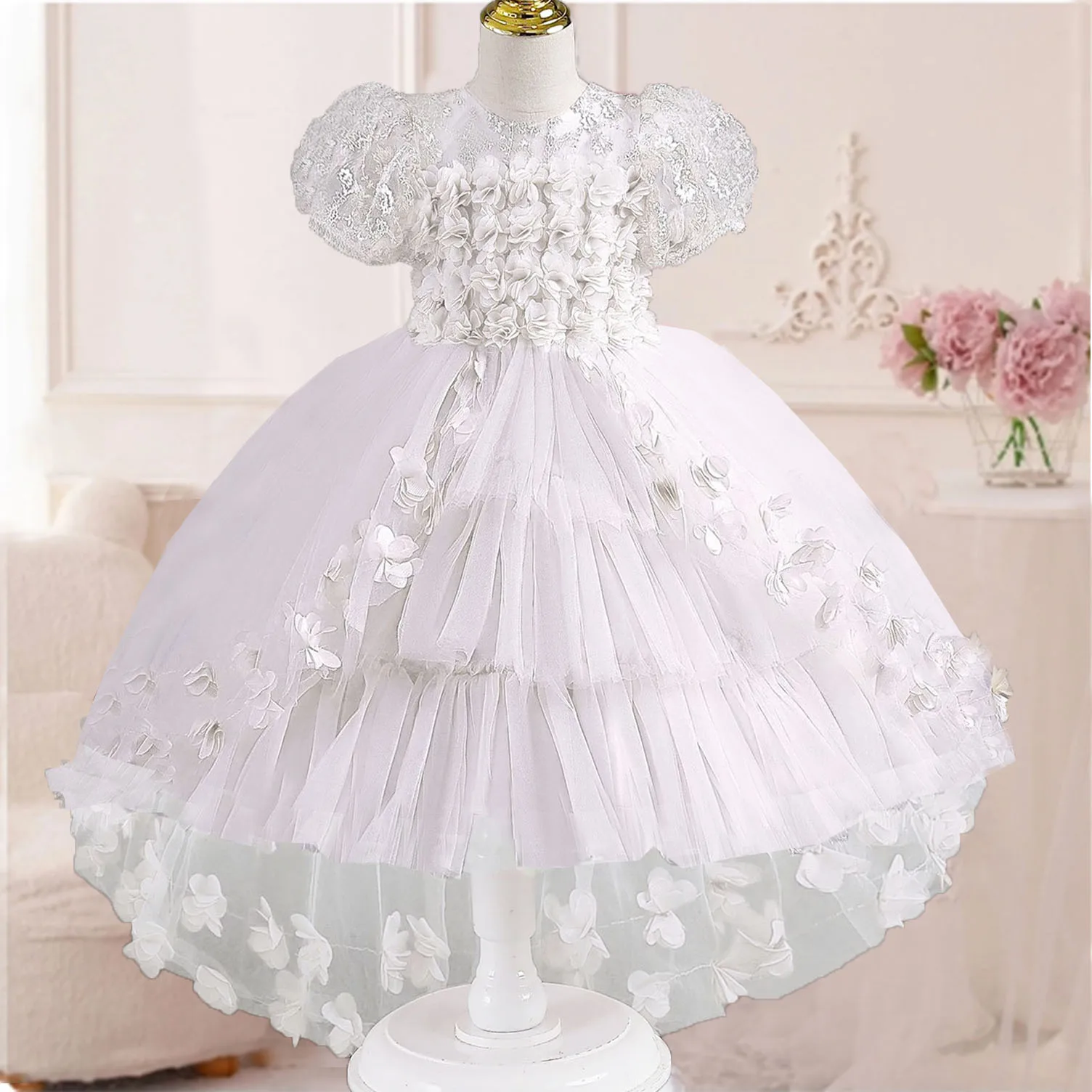 XMLSY Little Girls 3D Flower Girl Wedding abito da damigella d'onore festa di compleanno Pageant Hi-Lo Gown AT122