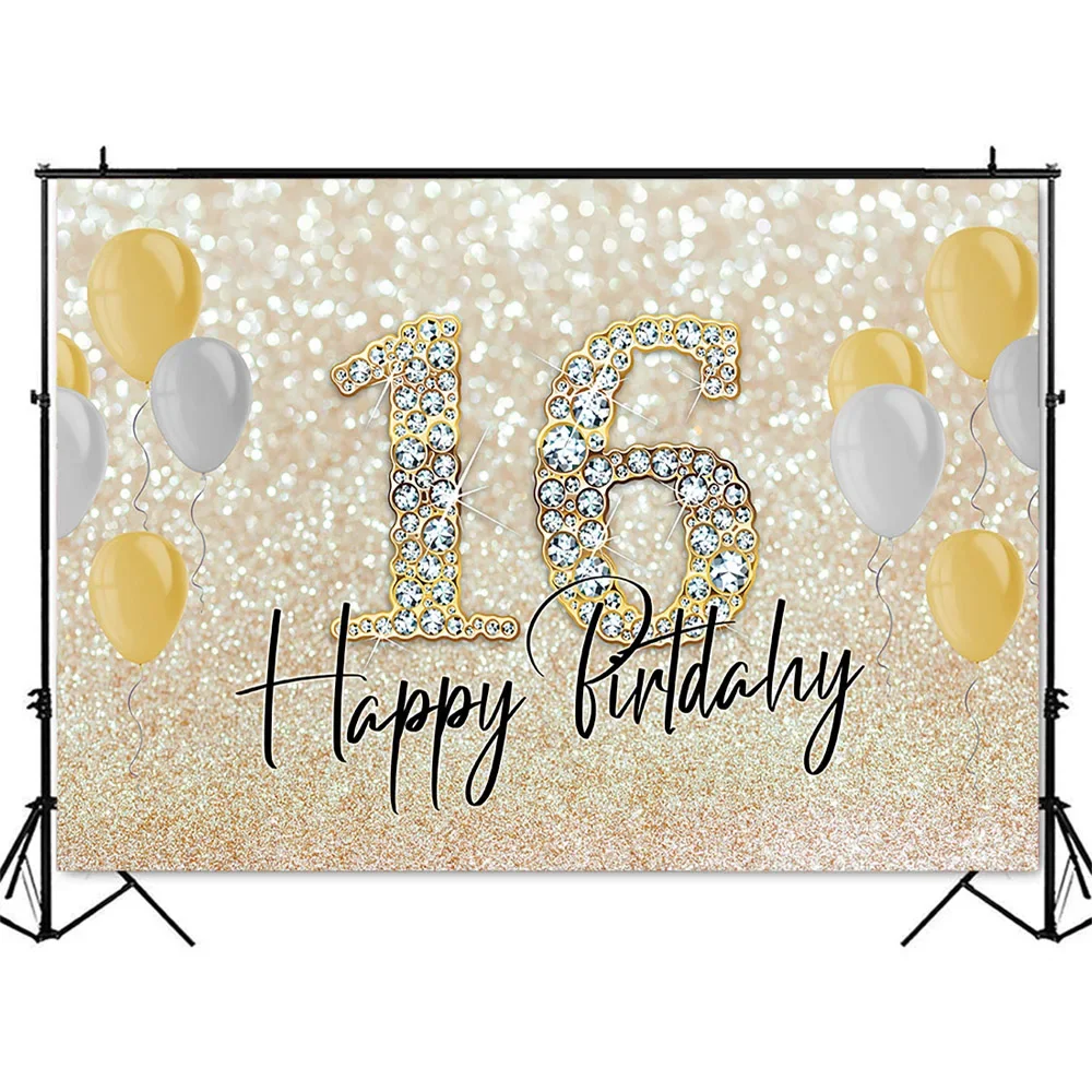 Sweet 16 Happy Birthday Backdrop Glitter Bokeh Sliver Shining Dot Photo Background Sixteen Birthday Party Decoration Banner Prop