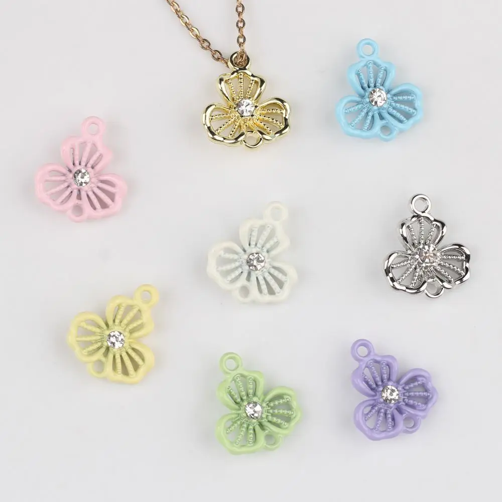 10Pcs/lot Simple Alloy Painted Zircon Inlay Flower Double Pendant Connector DIY Bracelet Necklace Earring Parts