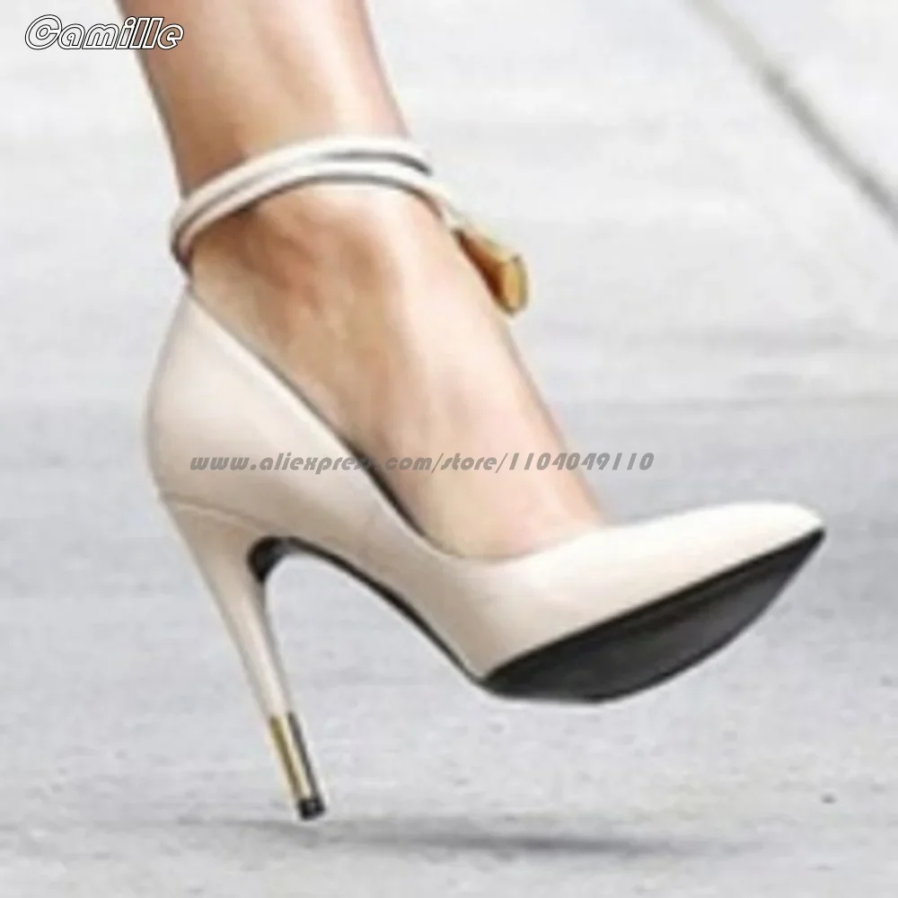 Patent Leather Ankle Strap With Lock Shallow High Heels Size 35-41Catwalk Style Sexy Lady Pumps Pointed Toe Metal Heel Sandals