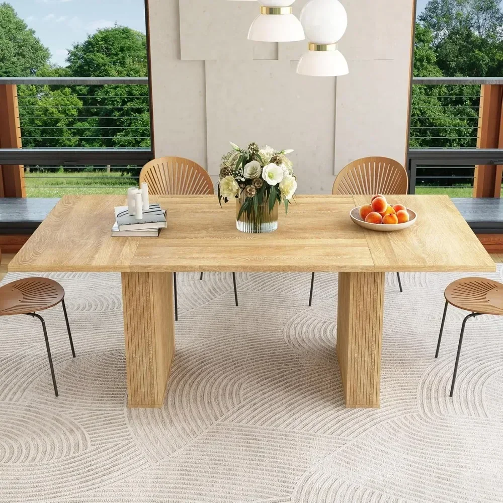 

78 Inch Dining Table for 6 8 10, Modern Farmhouse Rectangular Kitchen Table, Long Dining Room Tables with Wood Strip Base