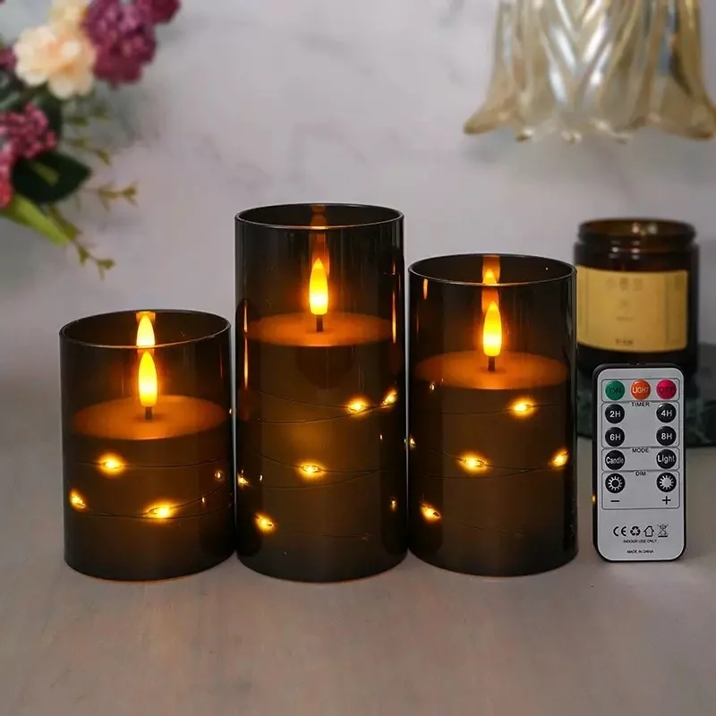 Set of 3 Black Acrylic battery operated LED pillar Candles with Embedded Star String Flickering Remote controlled candle light
