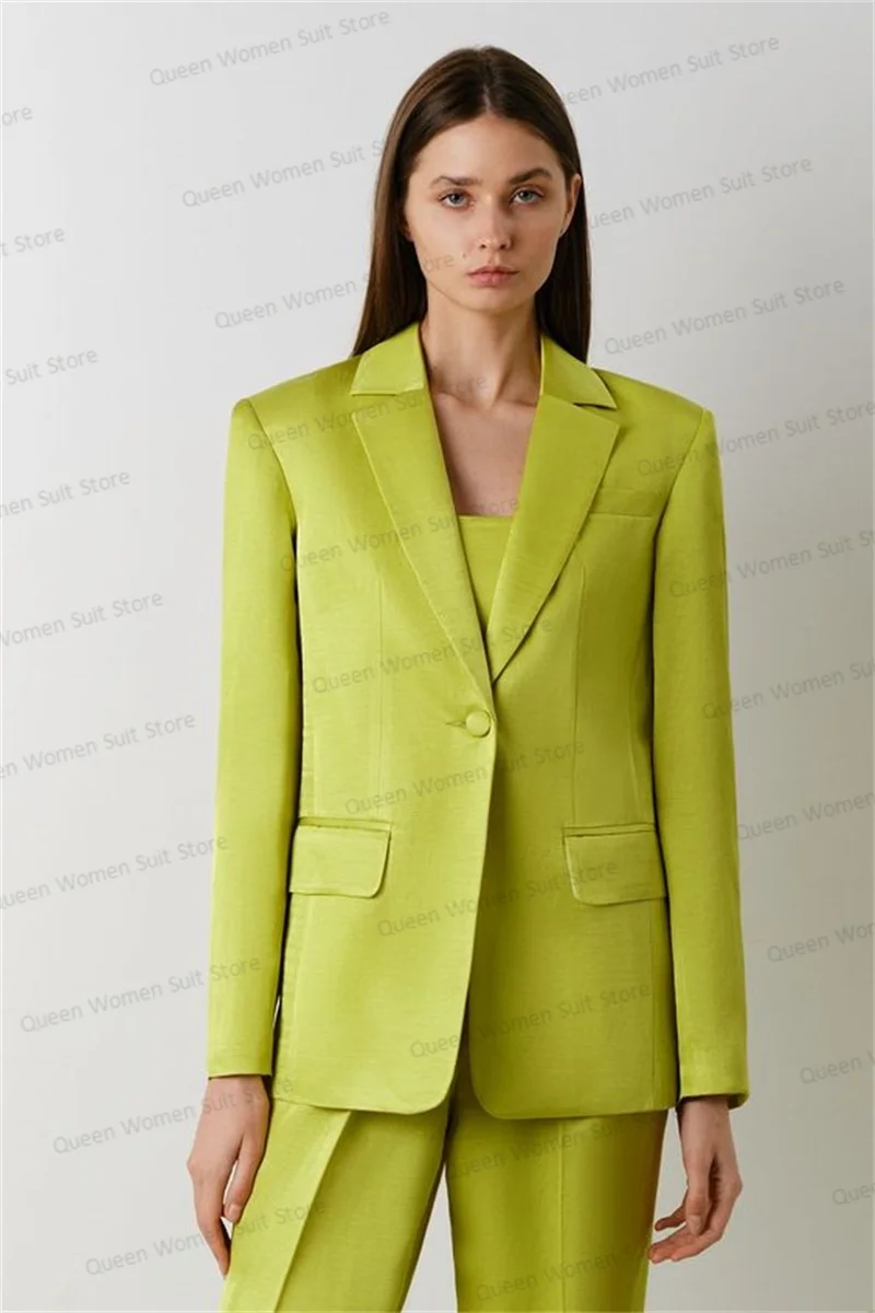 Fashion Green Women Suits Pant Set 2 Piece Blazer+Trouser Formal Office Lady Wedding Tuxedo Prom Dress Cotton Jacket Party Coat