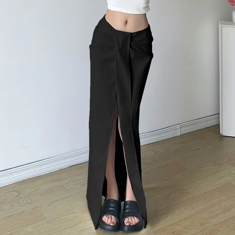 Designed Pleated Skirt Low Waist Irregular Split Solid Spice Maxi Skirt Women Sexy Long Bodycon Skirts Summer Spring All Season