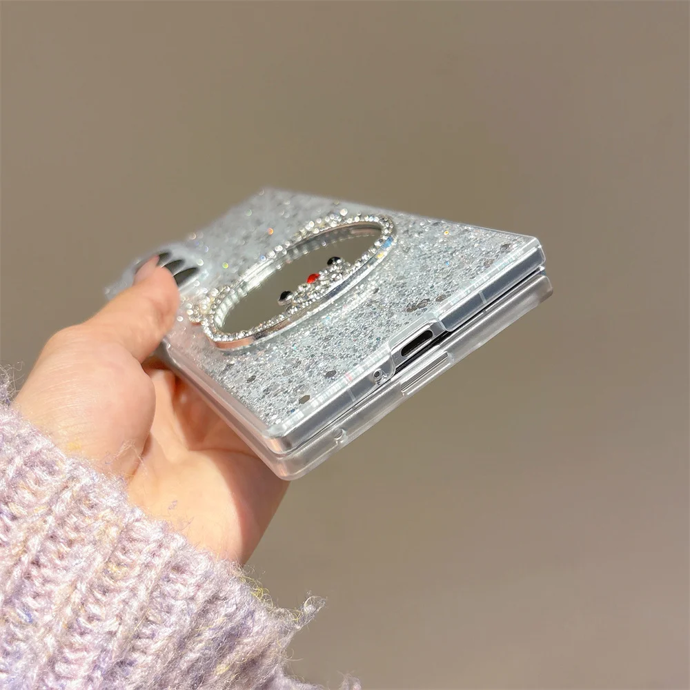 Luxury Kawaii Bear Makeup Mirror Glitter Phone Case for Samsung Galaxy Z Fold 7 Crystal Bead Wrist Strap Cover for Z Flip 7-3