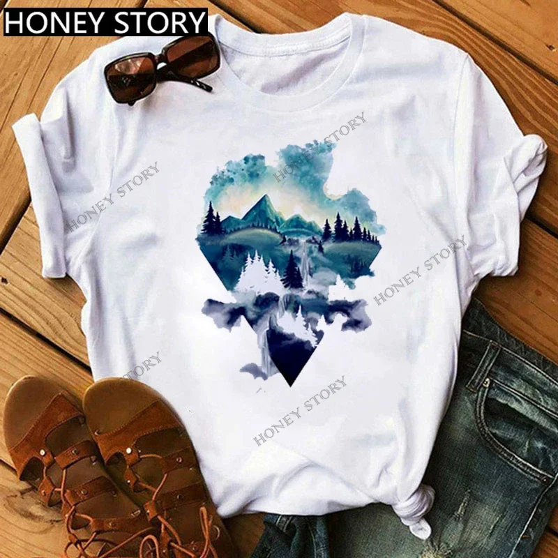 Harajuku Style Mountain Print T-shirt Short Sleeve Unisex Casual Top Trendy Summer Fashion Polyester Fabric