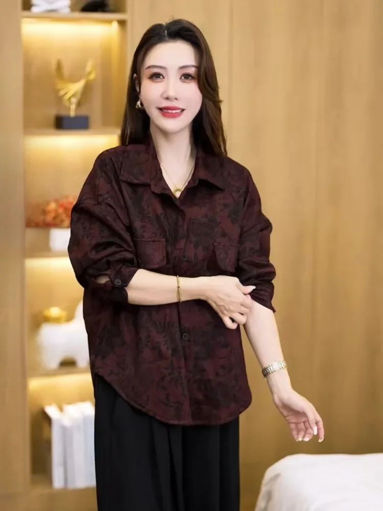 

Casual Lightweight Long Sve irt for Mom Autumn New Sle Versatile Loose Fit Polyester Fiber Printed Ladies Spring Autum...