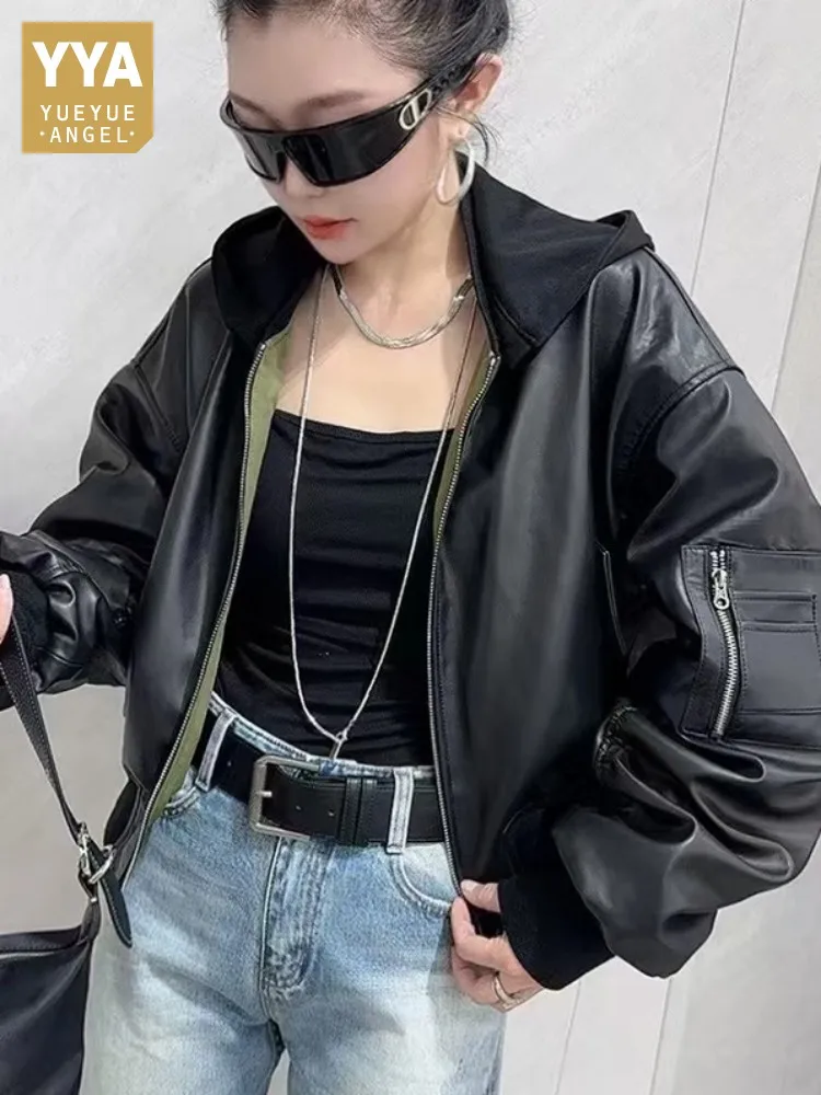 Women Genuine Leather Spliced Jacket Hooded Reversible Real Sheepskin Short Jackets Zipper Korean Style Casual Loose Black Coat