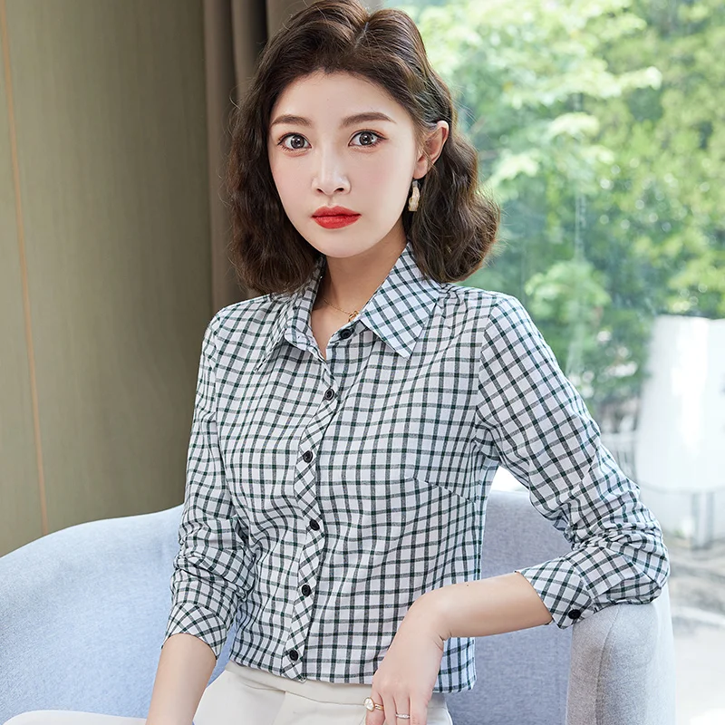 Women'S Fashion Versatile Commuter Long Sleeved Checkered Shirt Spring And Autumn New Middle Aged Mom Pure Cotton Top Female