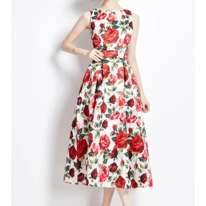 French Fashion Print O-neck Pleated Sleeveless A-line Ball Gown Dress Women Summer Vintage Elegant Puff Graduation Party Dresses