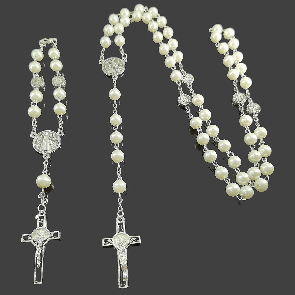 2024 Latest Religious Jewelry Imitation Pearl Long Sweater Chain and Bracelet Cross Pendant Jewelry Set for a good Christian