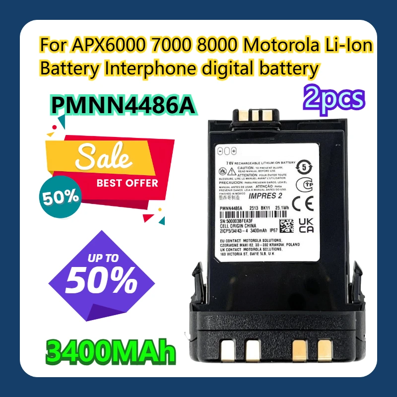 

For APX6000 7000 8000 Motorola Li-Ion Battery PMNN4486A 3400MAh Interphone digital battery 2pcs