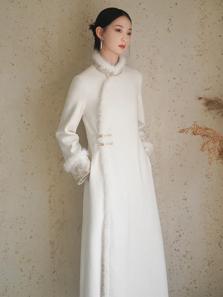 

Новое женское длинное шерстяное пальто в китайском стиле, осенне-зимняя модная верхняя одежда в стиле ципао на пуговицах