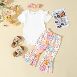 Newborn Baby Girl Clothes Rib Knit Romper Floral Strawberry Flare Pants Outfit Headband 0 3 6 12 18 24 Months