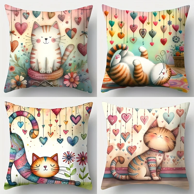 

Pillow Covers Set of 1 or 4 Cute Cartoon Cat Pillowcases 18x18 Inch Heart and Floral Pattern Decorative Cushion Covers Modern Style Single-Sided Print Polyester Zipper Closure Hand Wash Only for Living Room Sofa Home Decor (Pillowcase Only, No Insert)