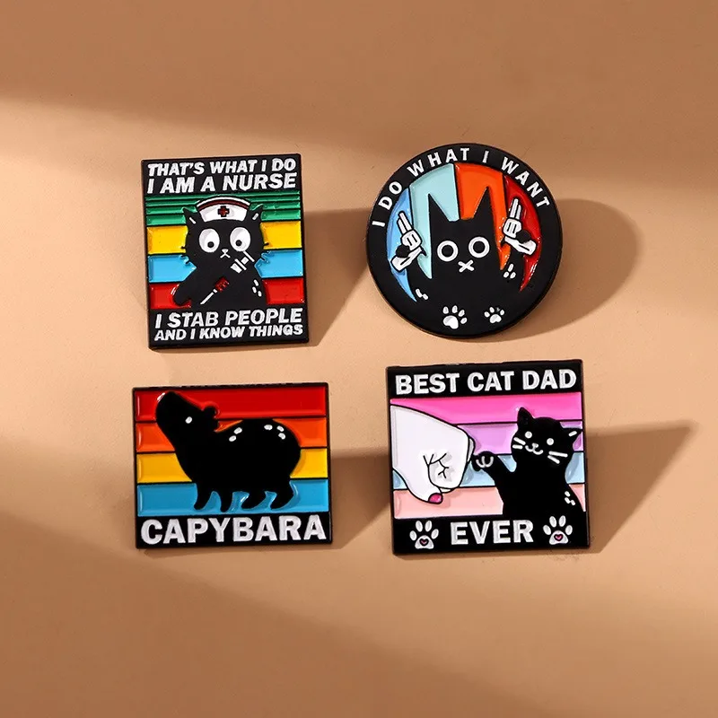 Creative Animal Brooch Cartoon Alloy Drop Oil English Black Cat Capybara Pin DIY Clothes Bag Shoes Scarf Tshirt Jeans Decoration