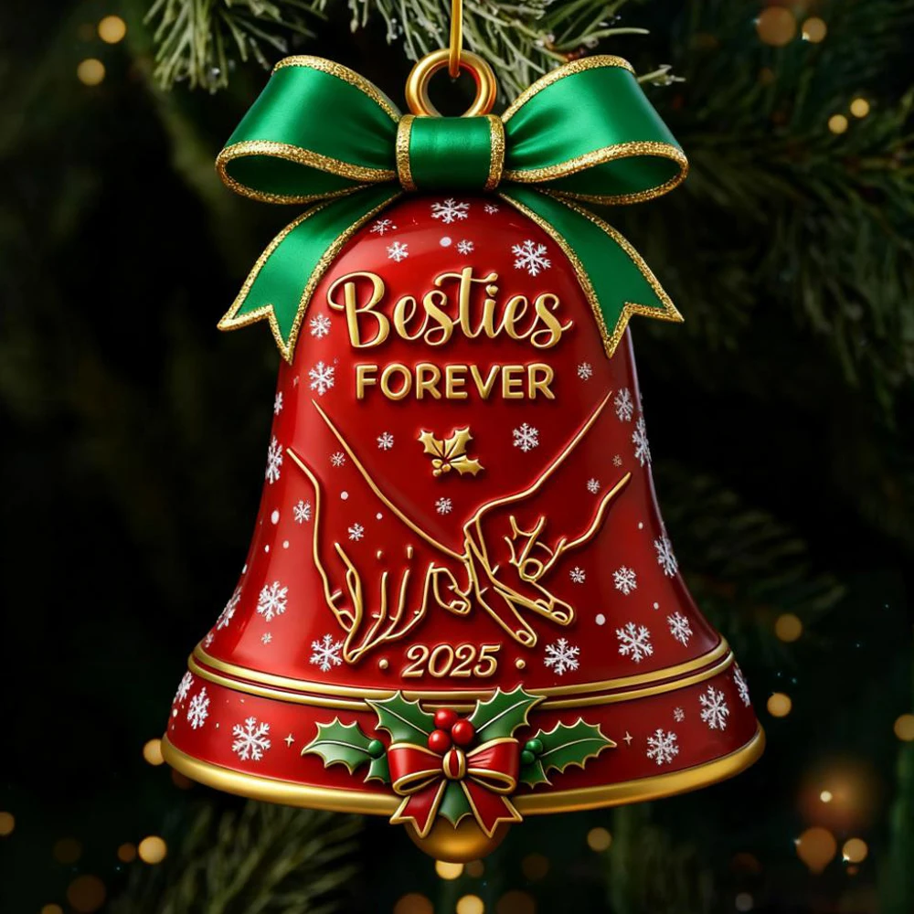 

2025 Besties Forever Christmas Bell Ornament Bowknot Jingle Bell Xmas Trees Hanging Home Party Gifts New Year Decorations Props