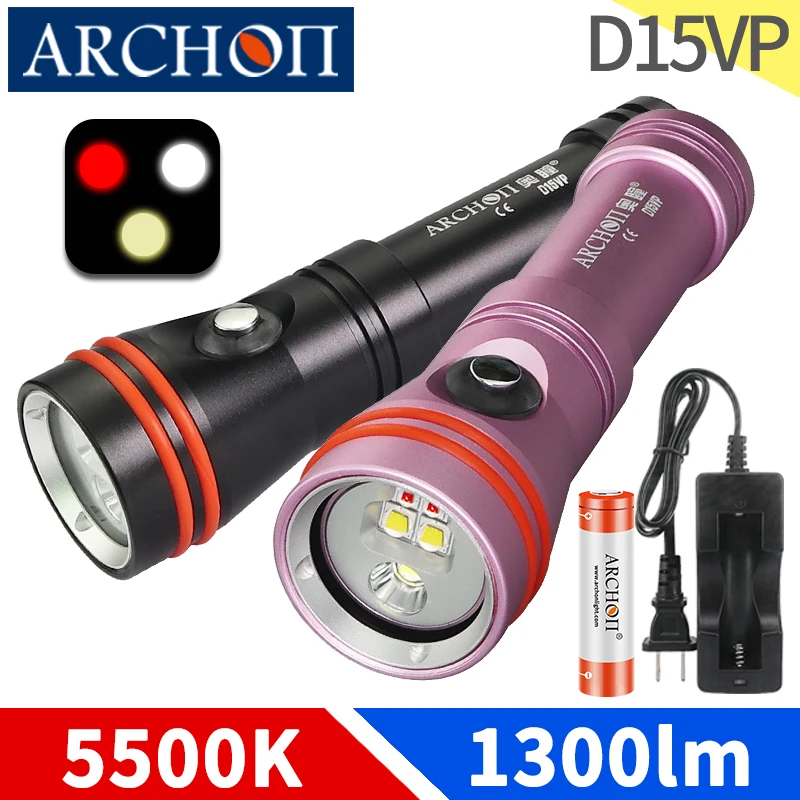 

D15VP Scuba diving video flashlight Red Warm white lighting Dive torch Underwater 100m Diving photography HD video fill lights