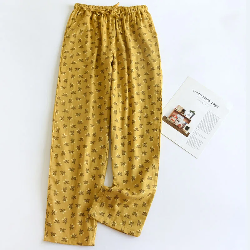 Cotton Floral Pajama Pants Women Big Size Double Gauze Girl Home Trousers Autumn and Winter Loose Lace-Up Sleeping Pants Casual