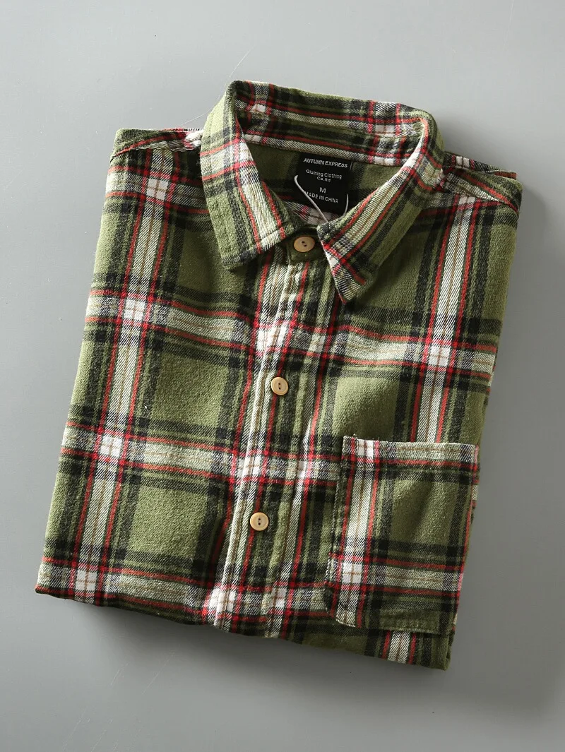

Spring New Sle Retro Waed Men's Casual Long Sve irt Color Woven Flannel Collar Contrast Color id Pattern Loose Fit