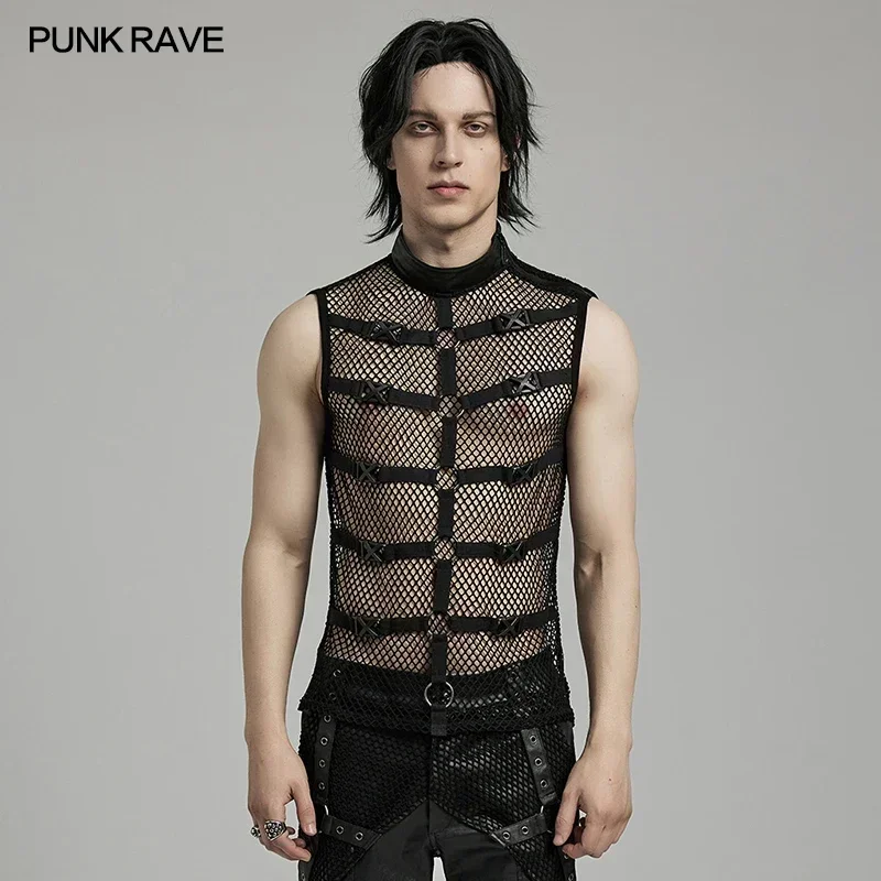 

PUNK RAVE Men's Punk Personalized Mesh Tank Top Innovative Style Cool Handsome Tops Sexy Vest Men Clothing Summer