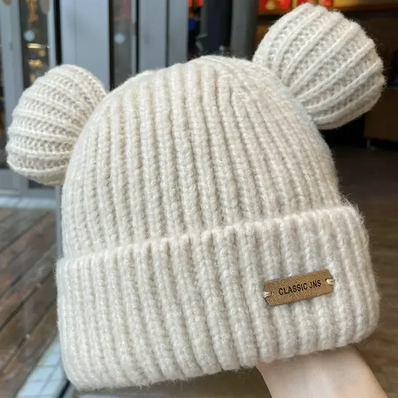 Y2K Bear Ears Thicken Hats Women Soft Harajuku Plush Ear Head Protection Cute Knitted Korean Wool Caps Cool Girl Handmade Beanie