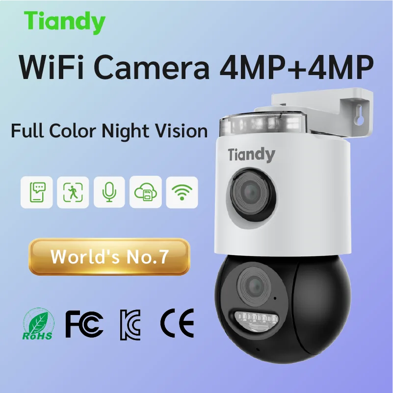 Tiandy 4MP Security Camera Outdoor WiFi Night Vision Human Car Detection Two-way Audio Cloud Storage IP66 Weatherproof Home Cam