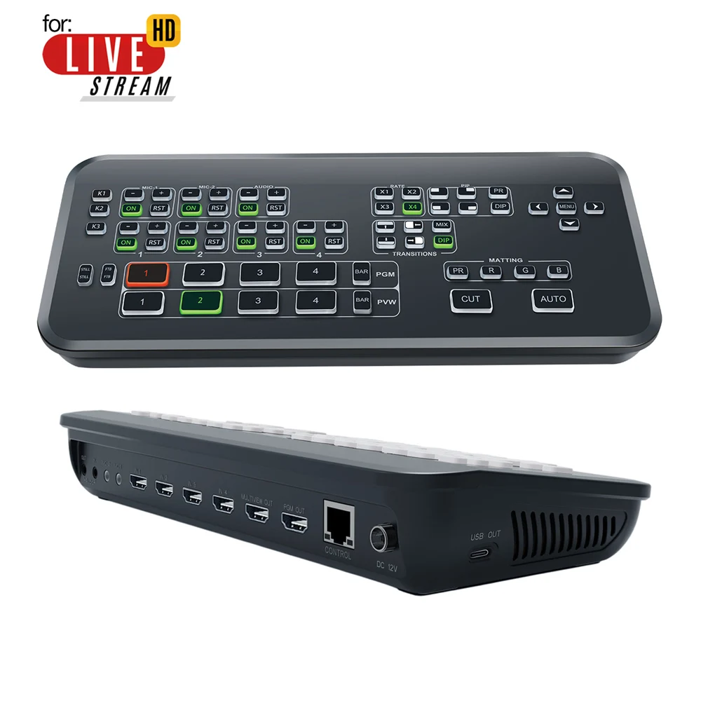 4CH HDMI Live Streaming Switcher 1080p for Broadcast Switch Live Streaming Video Control Support 2 Microphone input