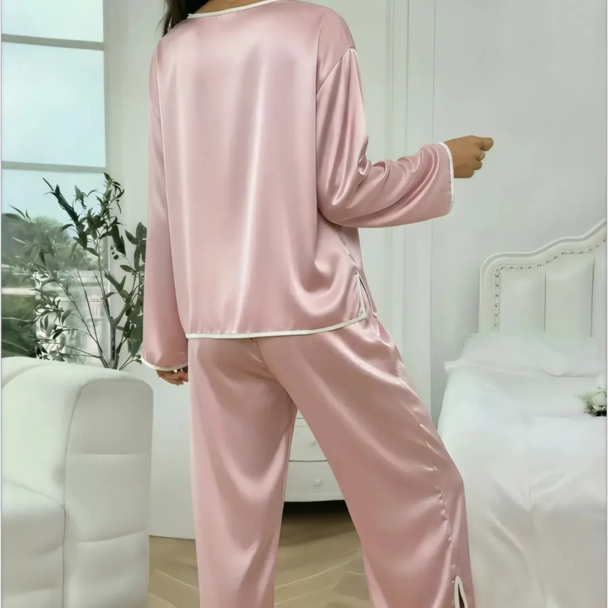 Women's Casual Comfortable Homewear Set, V Neck Split Pajamas in New Pink White Contrasting Colors for Spring and Autumn 2026
