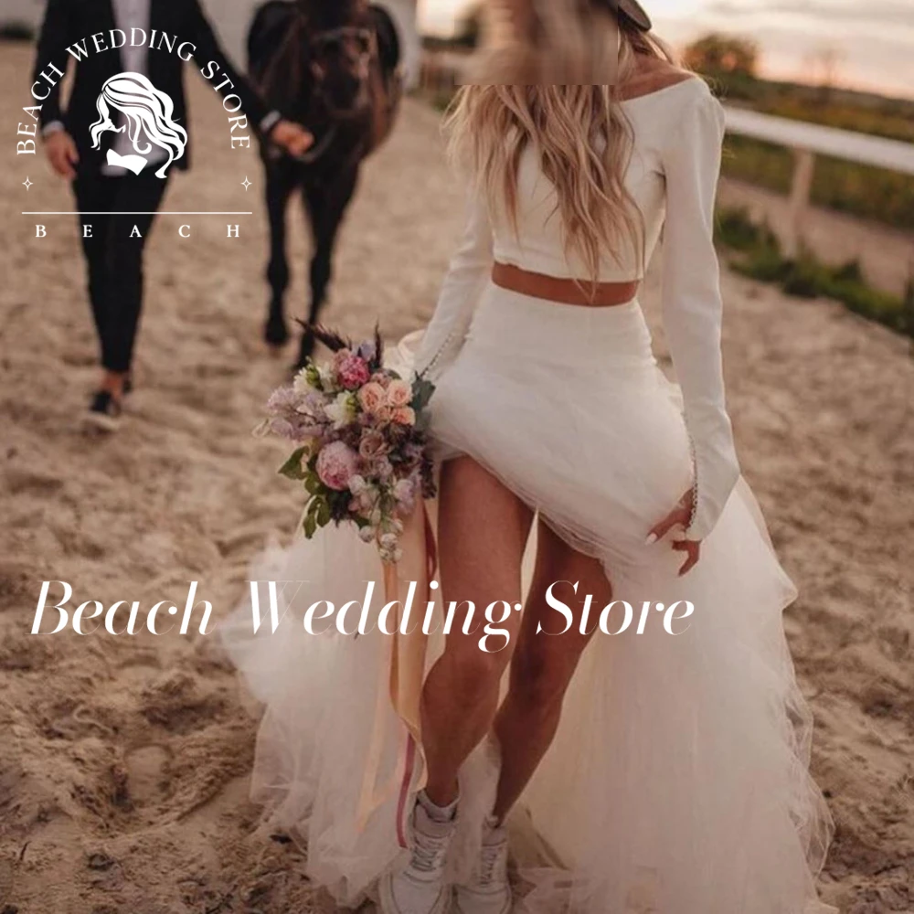 Praia personalizado boêmio vintage duas peças vestido de casamento 2023 robe de mariee branco para mulher manga longa vestido de noiva o-pescoço