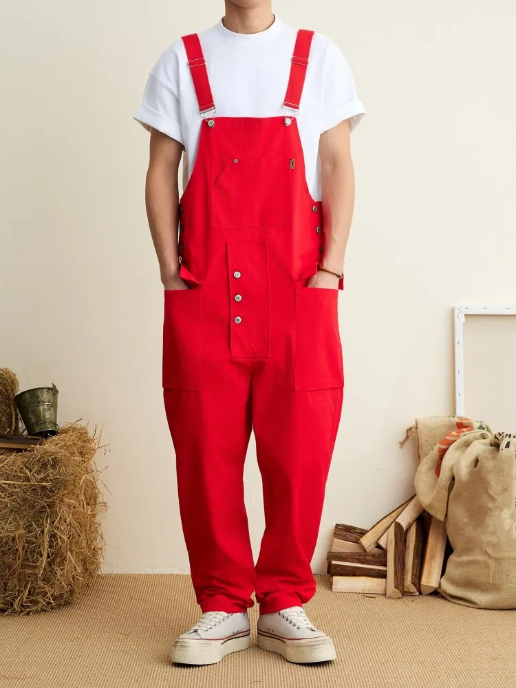 Vintage Male High Street Solid Color Loose Fit Jumpsuits Casual Straps Overalls Fashion Men Multi Pockets Wide Leg Cargo Rompers