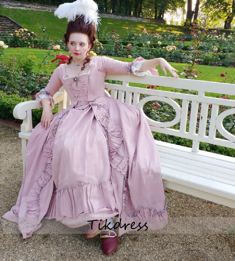 

Duchess Style Pink Rococo Evening Dress Ruffles Satin Masquerade Prom Dress Costume Historical Renaissance attire Customized