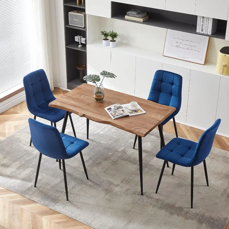 5-Piece Dining Table Set, 47 in Modern Irregular Rectangle Kitchen Table & 4 Velvet Upholstery Side Chairs, Metal Legs,Set for 4