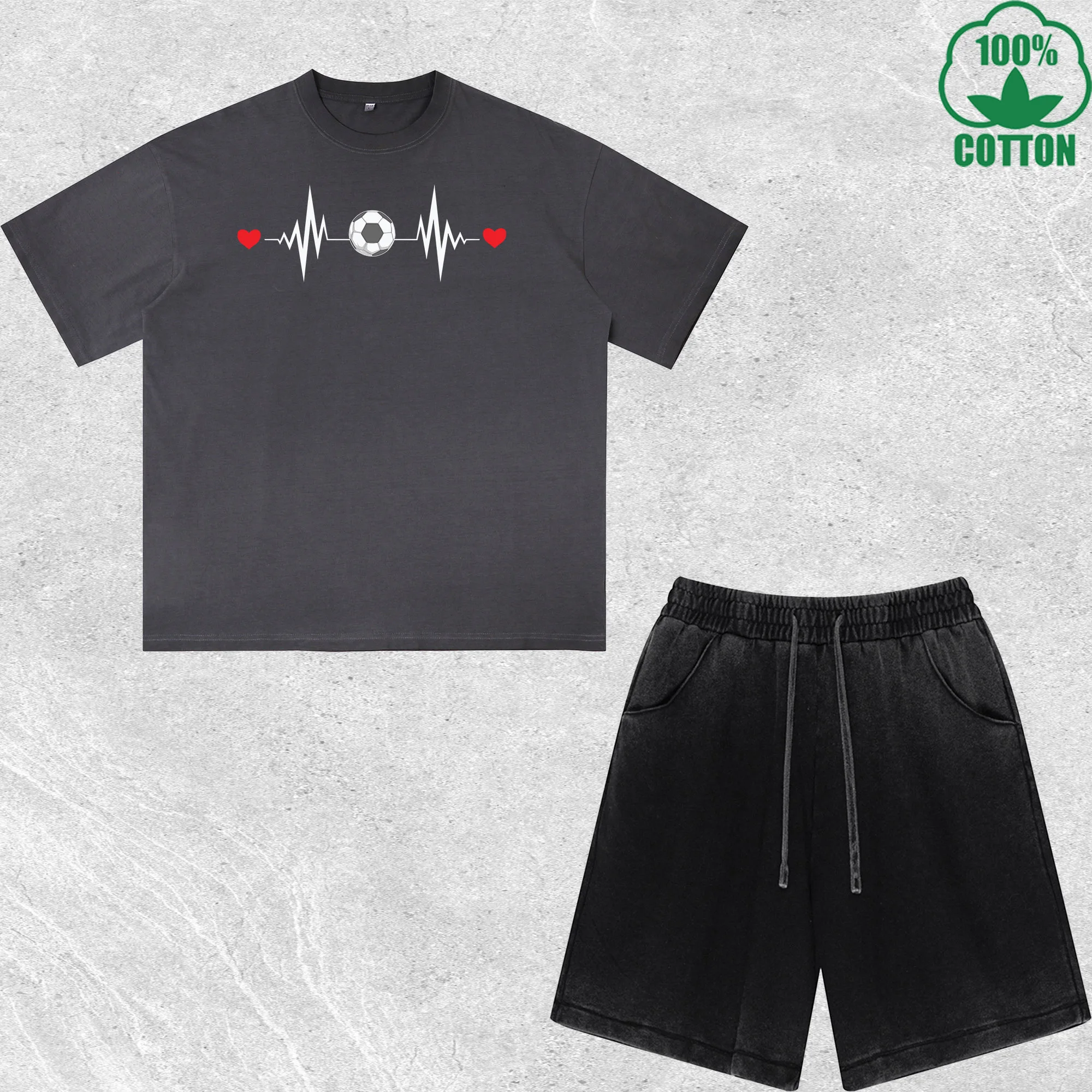 

Soccer Heart Rate Printed Dirty Wash T-Shirt Shorts Set Combo Loose Trendy Fashionable 100%Cotton Black Suit