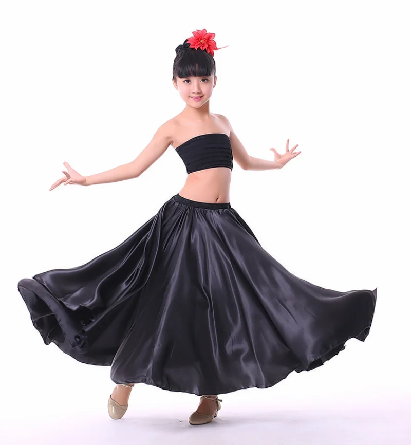 Children's Dance Practice Skirt Shining Satin Long Spanish Skirt Swing Dancing Skirt Belly Dance Skirt Sun Skirt 14 Colors 2023