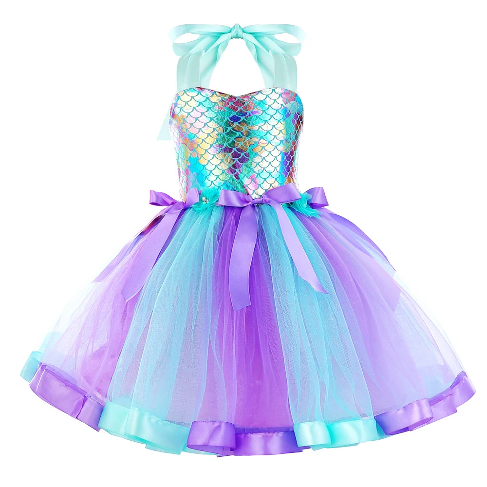 Girls Mermaid Tutu Dress Under the Sea Theme Birthday Party Halloween Cosplay Costumes with Flower Headband