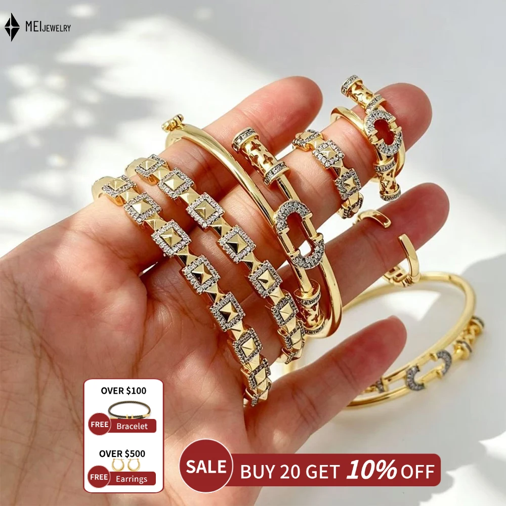Paper Clip Inlaid Pyramid Shaped Cubic Zirconia Set Light Luxury Two-Color Layered Bracelet Ring Jewelry ﻿