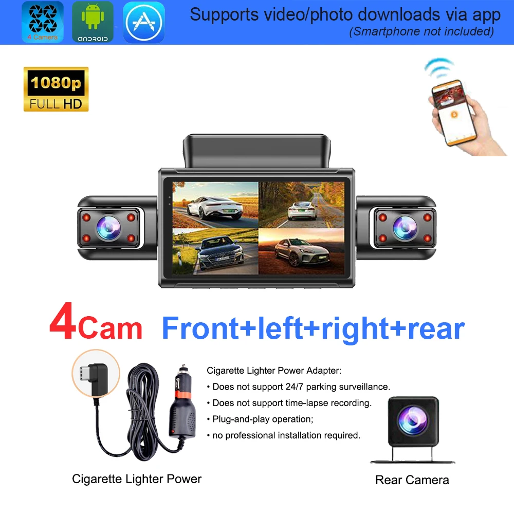 4K 4CH Verborgen Dashcam met APP Nachtzicht Bewegingsdetectie 24/7 Parkeerbewaking G-Sensor Loop Recording WDR Blackbox Auto DVR