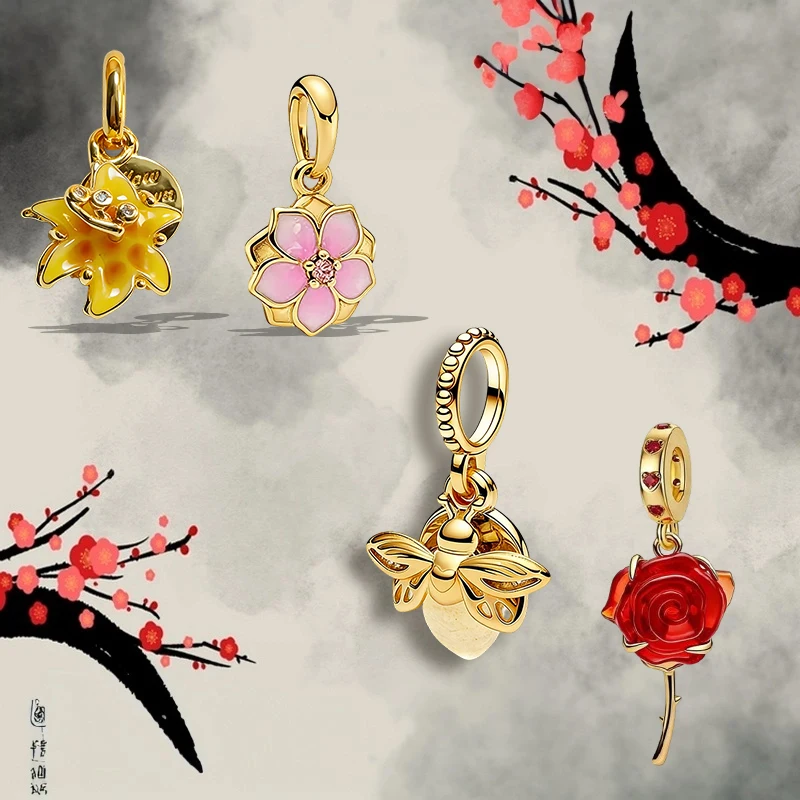 

New Original Charms Beads,Sparkling Golden Flower Series,Red Roses&Cherry Blossoms Beads Fit Pendant Bracelet Women Jewelry Gift