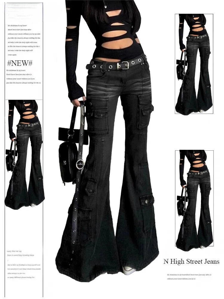 

Женские джинсовые брюки-карго Dark Academia в готическом стиле в стиле гранж с низкой талией, расклешенные джинсы в японском стиле Y2k Harajuku, джинсы-клеш