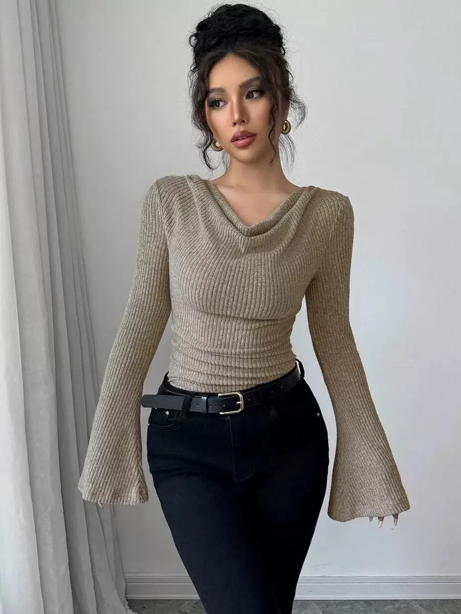 Women Blouse Off Shoulder Cowl Neck Top Solid Color Flare Long Sleeve Top Ribbed Slim Fit Knit Top Beige Gray Black Burgundy