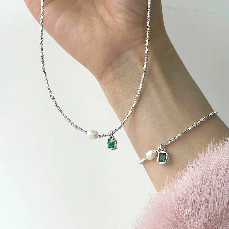 925 Sterling Silver Emerald Green Pendant Pearl Necklace for Women Choker Versatile Collar Chain Fine Jewelry Accessories