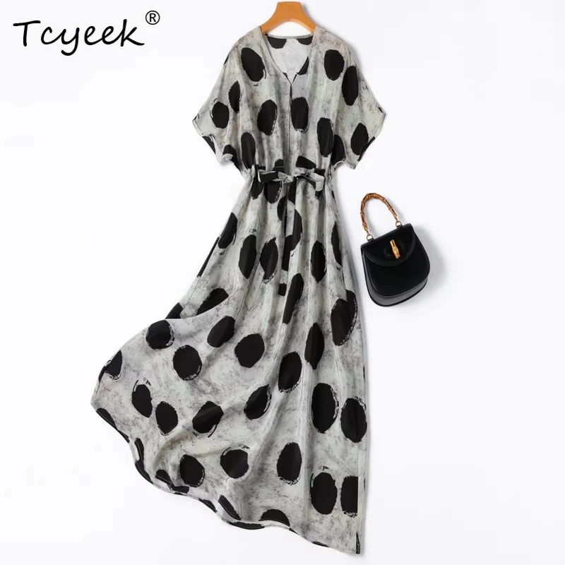 Tcyeek 100% natürliche Maulbeerseide Kleid Damen Elegante Damenkleider Partykleid Punkte Sommerkleidung Schnürkleid Vestido Feminino