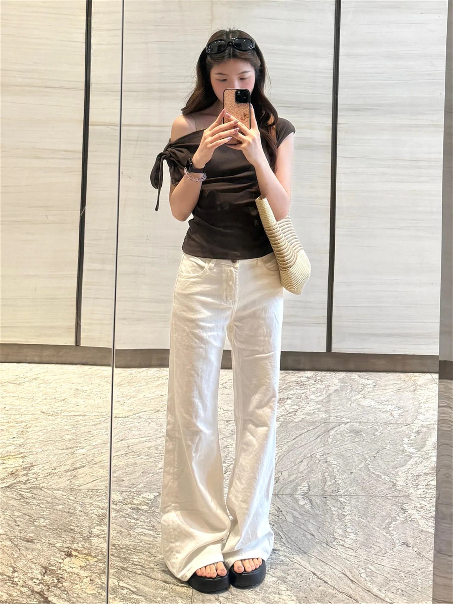 Low-Waist Bell Bottom Jeans Women's Summer Loose Drapey Non-Matching Leg White Retro Spicy Girl Wide Leg Floor-Length Pants