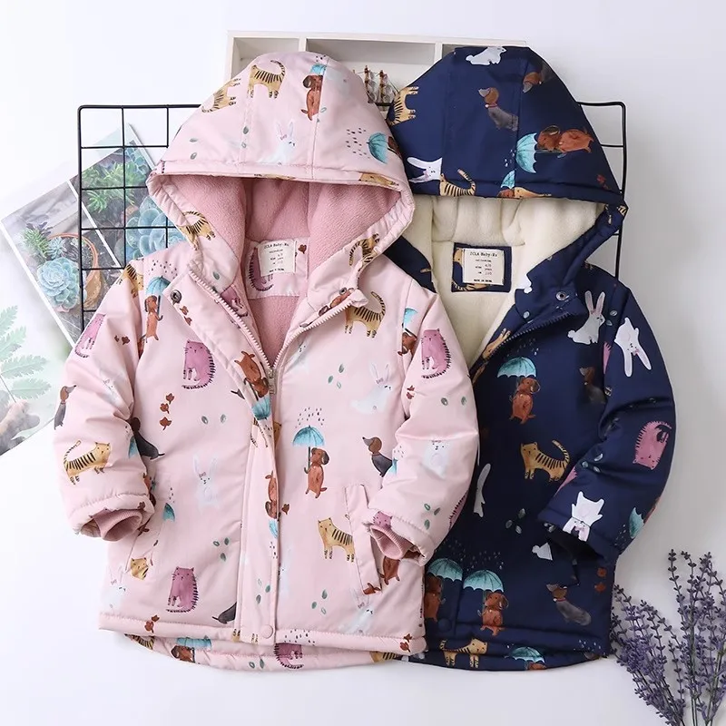 Girls Parkas 2024 New Elegant Cartoon Print Kids Winter Coat Hooded Cotton-padded Boys Jackets Child Plus Velvet Outerwear