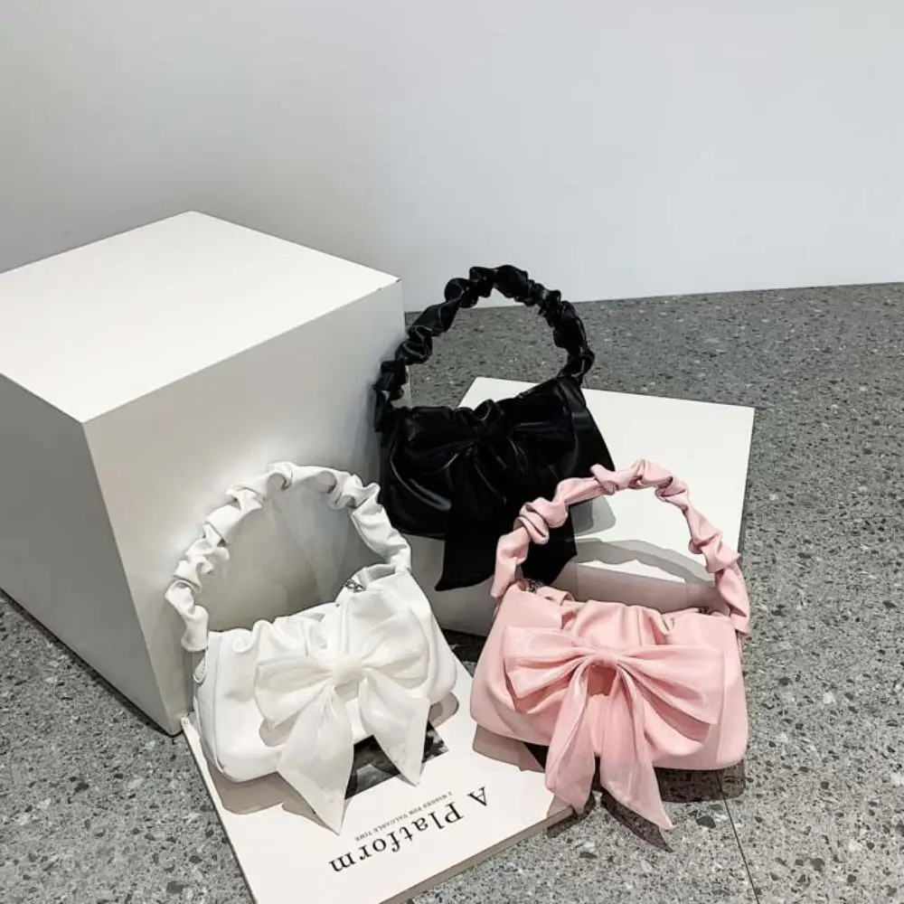 

Простая однотонная сумка через плечо из искусственной кожи с бантом и металлической цепочкой, мини-сумка через плечо INS, портативная плиссированная женская сумка в Корейском стиле