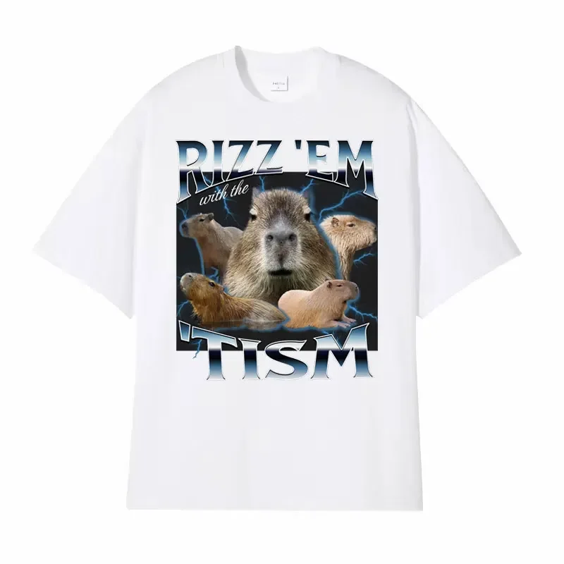 Rizz Em with The Tism Retro T Shirt Funny Cute Kawaii Capybara Meme T-shirt Men\'s Women Casual Fashion Humor Short Sleeve Tshirt