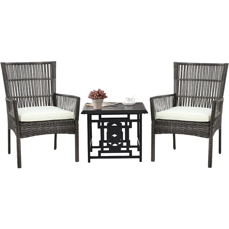 3 Piece Bistro Set Wicker Patio Outdoor Furniture Porch Chairs Conversation Sets and Metal Coffee Table with Umbrella Hole