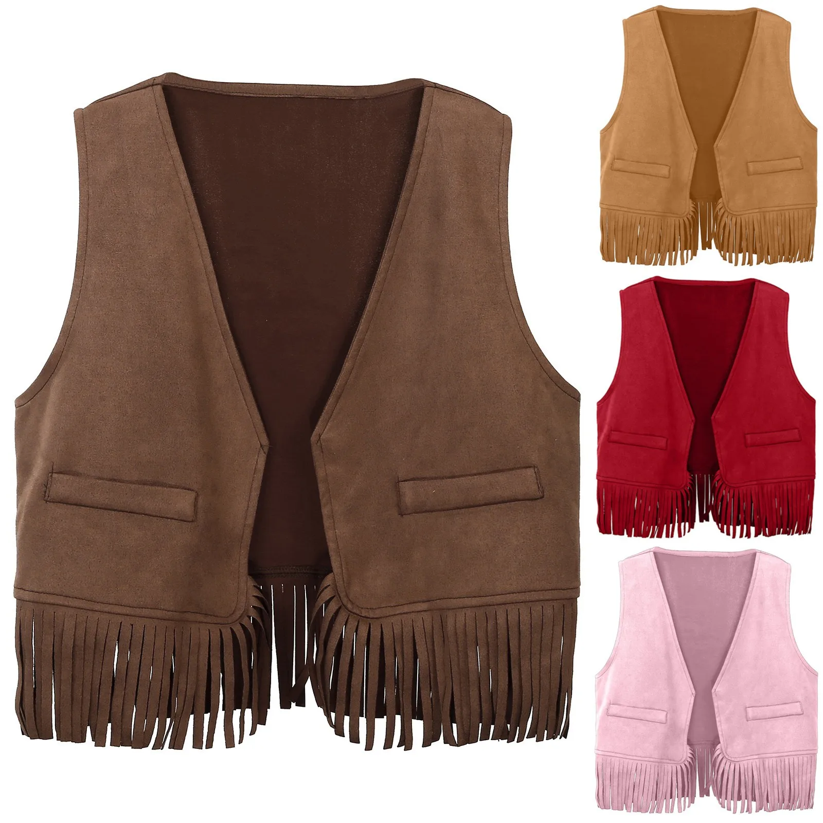 RAISE YOUNG Kinder Vintage Wildleder-Weste Teenager Mädchen Cowboy Quasten Ärmellose Jacke Offene Front Kunstleder-Cardigan Rave-Kostüm