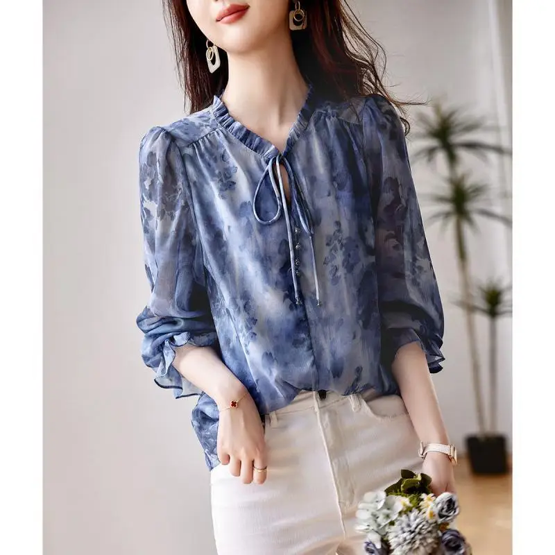 Chiffon Shirt 2023 Lente Nieuwe Elegante Vintage V-Hals Lange Mouwen Vetersluiting Losse Slanke Office Lady Basic Casual Print Top